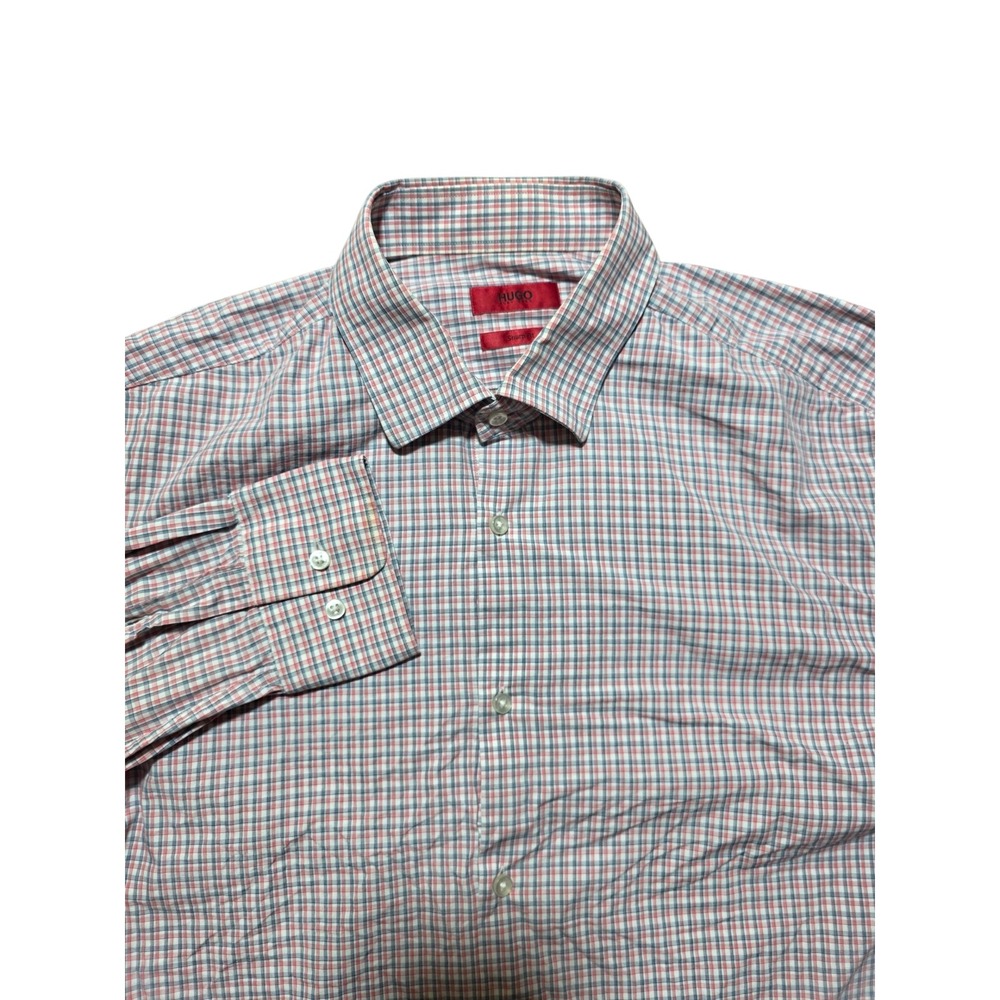 HUGO Sharp Fit Dress Shirt Plaid Long Sleeve Button Up Mens 16.5 34/35